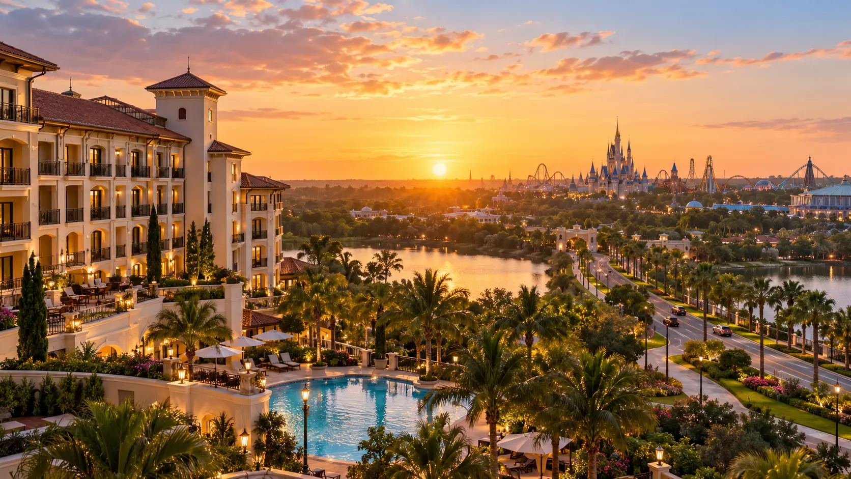 Hotel em Orlando com vista para uma área de parques ao pôr do sol