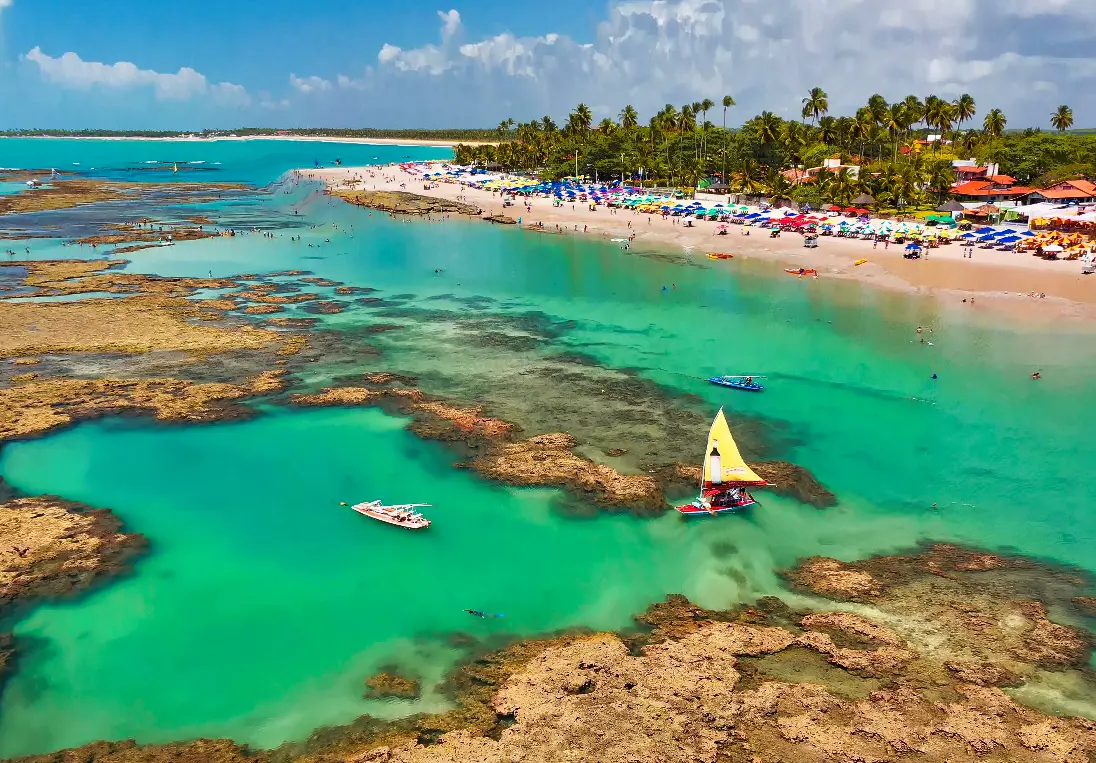 Litoral de Porto de Galinhas com mar azul e coqueiros