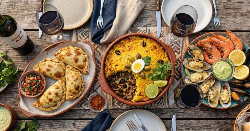 Mesa com pratos chilenos, frutos do mar e vinho