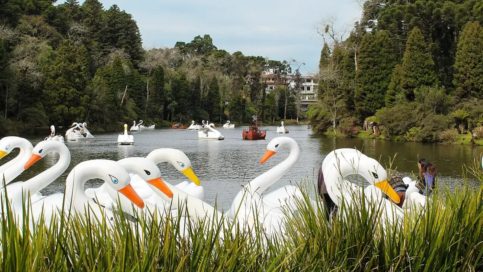 Lago Negro em Gramado cercado por vegetação e pedalinhos