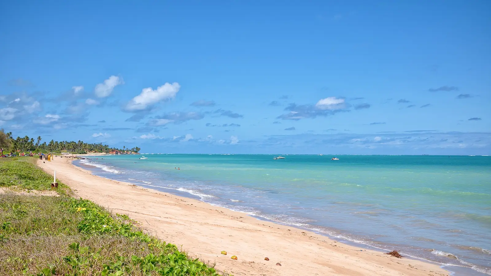 Praia de Antunes com coqueiros, areia clara e mar tranquilo