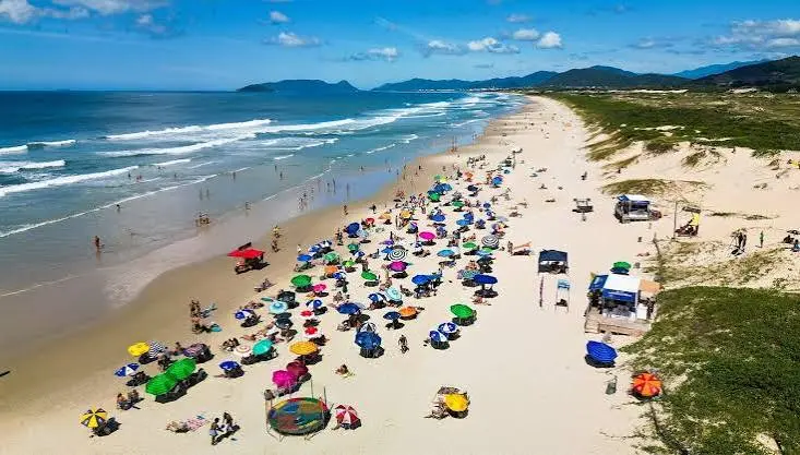 Praia extensa com dunas e vegetação no Sul de Florianópolis