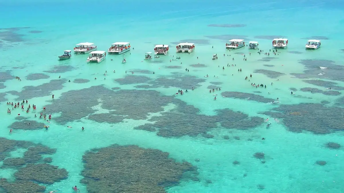 Detalhe das águas rasas e dos recifes nas piscinas naturais de Maragogi